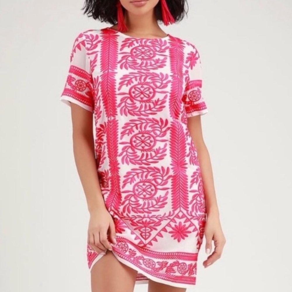 LULUS White & Bright Pink Embroidered Sheath Dress Tunic Size Small